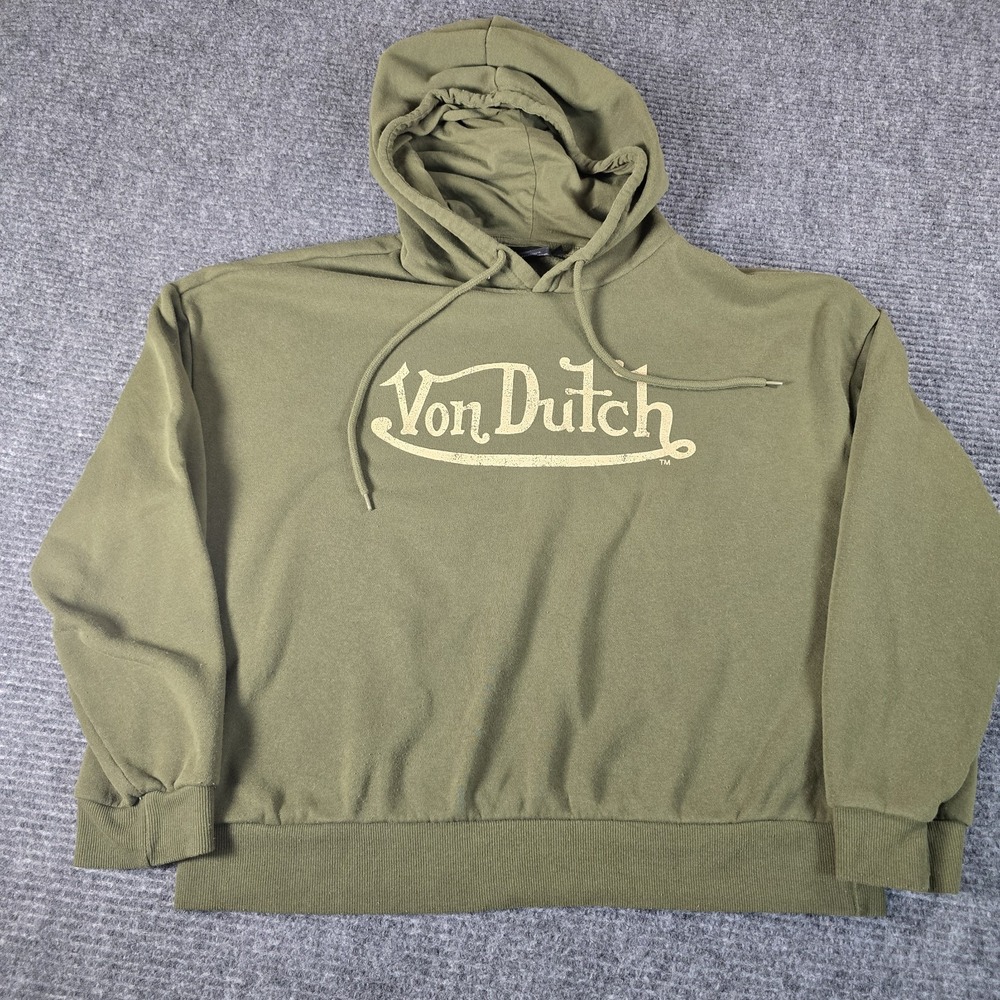 Von Dutch Green Large women's Cotton Fleece Logo Pullover cropped Hoodie